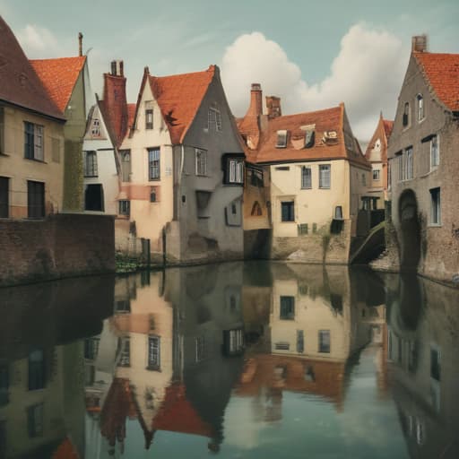 Houses surrounding by the moat in Surrealist style