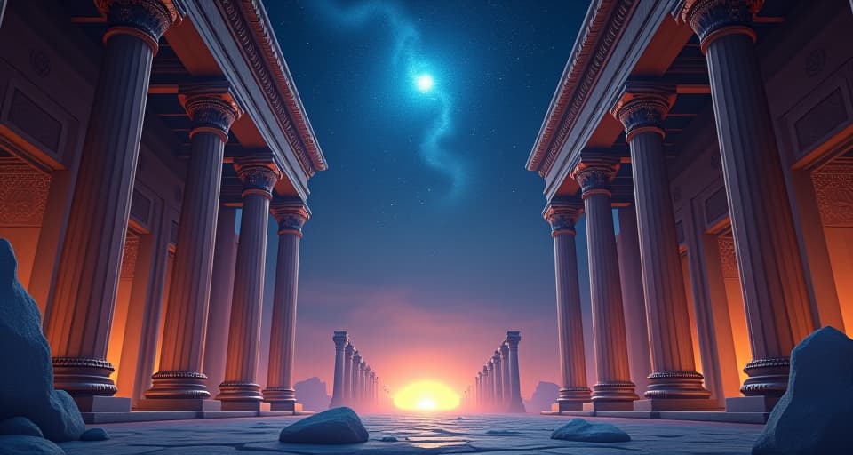  an ancient temple, starry celestial sky above, columns adorned with intricate carvings, glowing ethereal light. serene ambiance, ancient wisdom, millennia old rituals.. the style is digital art illustration,highly detailed, whimsical,magical, dreamlike atmosphere, realism and fantasy blend, smooth, glossy textures,luminous quality, wonder and enchantment.