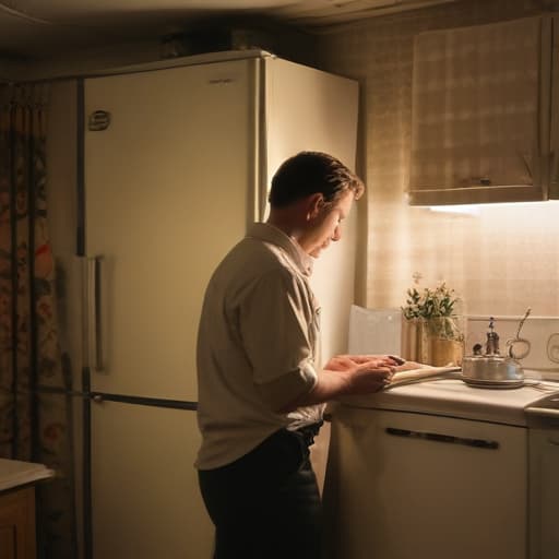 A photo of a repair technician fixing a malfunctioning refrigerator in a retro-style kitchen during the early evening with warm, ambient lighting filtering through the vintage curtains.