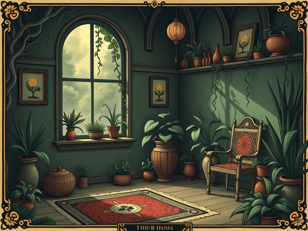  harmonious home with flourishing plants, spiritual ambiance, essence of sacred space, harmonious co existence with nature, peaceful and flourishing environment. an illustration in the style of a worn, mystical old tarot trump card, mysterious and elements of surrealism. the colors are muted, somber and eerie, but with contrast bring out an occult and esoteric vibe.