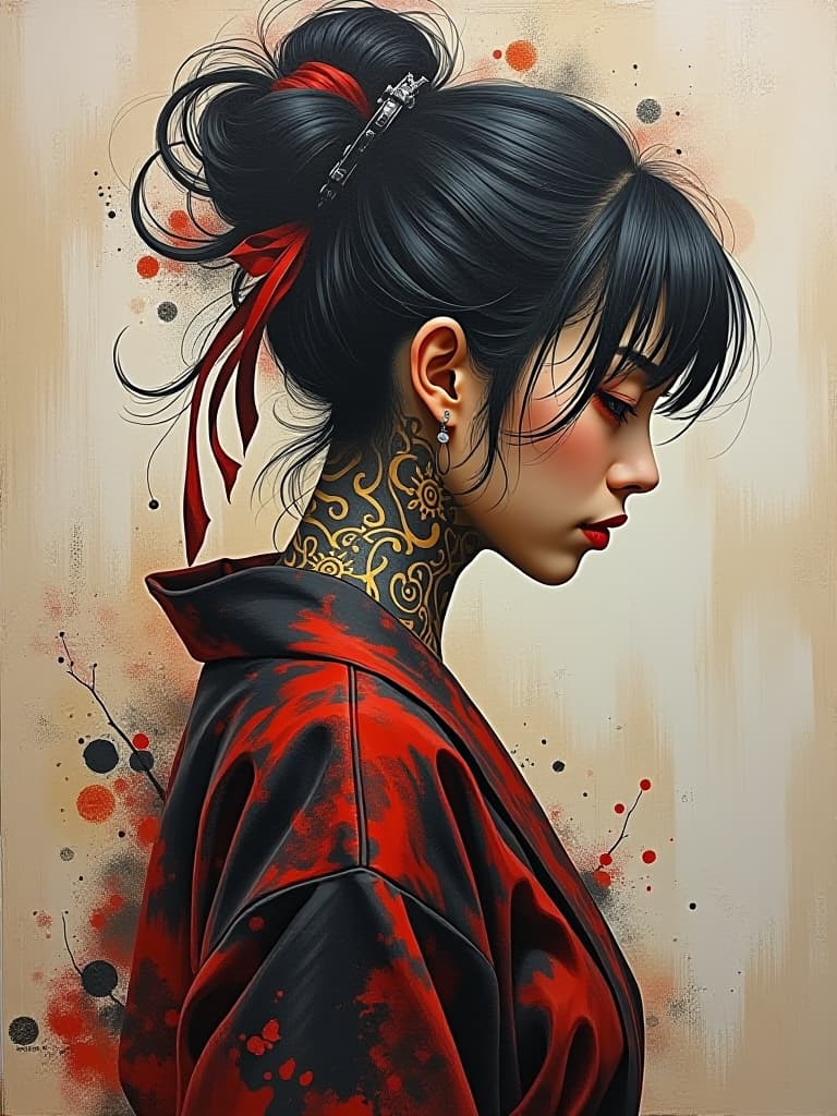  create an abstract oil painting that showcases a textured canvas background, emphasizing the strokes of a palette knife and energetic brushwork. the main focus is a dissolving image of a yakuza , her complex hairstyle flowing into the textured layers of paint. her half body is adorned with intricate yakuza tattoos, blending seamlessly into the canvas. ritual formulas are subtly etched on her face, merging with the abstract background. the contours of her form are blurred, creating a gradient effect that enhances the dynamism of the piece. aim for a minimalist yet expressive drawing style that captures the essence of traditional japanese art while maintaining a modern abstract feel. highlight the dynamic balance between the texture hyperrealistic, full body, detailed clothing, highly detailed, cinematic lighting, stunningly beautiful, intricate, sharp focus, f/1. 8, 85mm, (centered image composition), (professionally color graded), ((bright soft diffused light)), volumetric fog, trending on instagram, trending on tumblr, HDR 4K, 8K