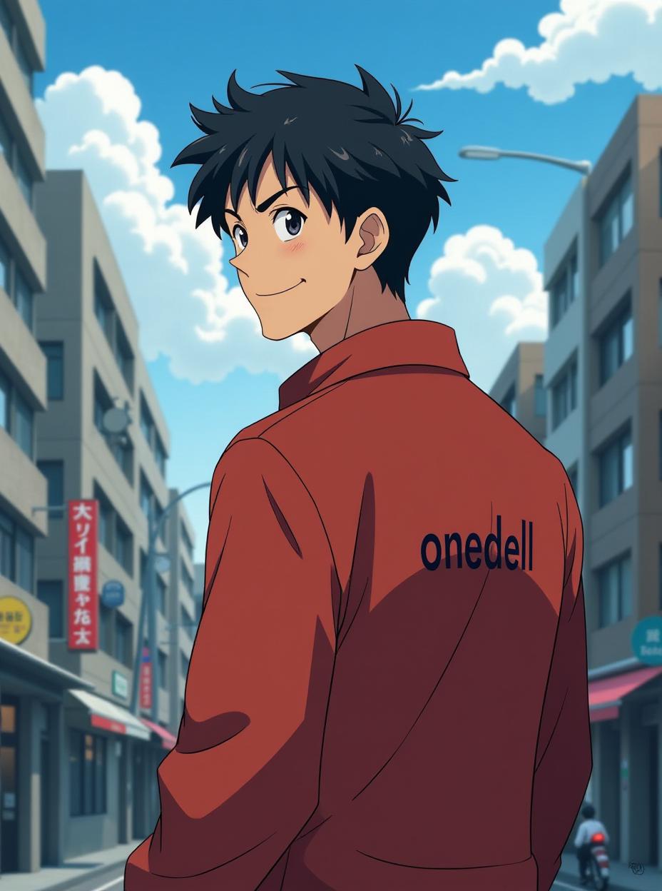  anime, anime sytle, anime image, cartoon, real cartoon, real anime, create a half body shot picture of a studio ghibli character who is looking backwards into the camera. he is smiling. his background is a city landscape of tokyo. make it feel cozy. use the profile of the person in the image attached. make the character mature, slightly chubby, with midlength slightly curly hair, and a stubble. write "onedell" on his the back of his clothes. make sure that it is readable. make the colors stand out for the character.