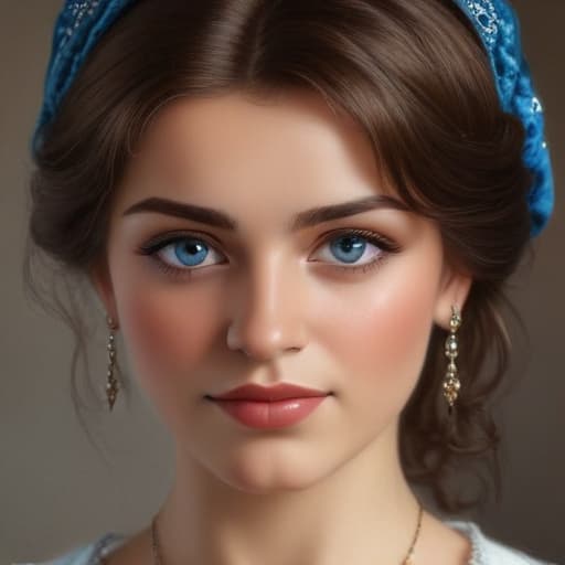 realistic style, Turkish woman with blue eyes and brown hair, early 20th century, she is a woman from high society