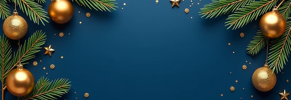  christmas card. frame borders made of gold balls, decorations, fir branches on dark blue background. luxury style. ar 3:1 {prompt}, maximum details