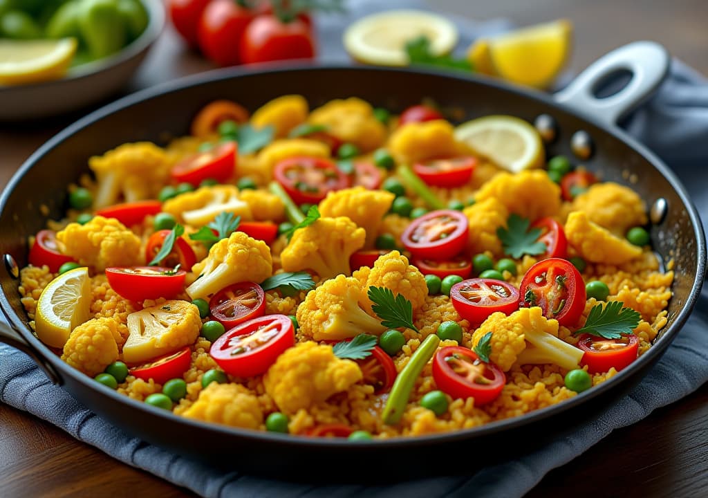  envision a vibrant and colorful vegetable paella in a large, rustic paella pan. the dish features a golden base of saffron infused cauliflower rice, studded with bright red and yellow bell peppers, halved cherry tomatoes, artichoke hearts, and green peas. the paella is garnished with fresh parsley and lemon wedges, and the pan is set on a wooden table with a mediterranean inspired blue and white tablecloth. soft natural light illuminates the scene, highlighting the textures and colors of the dish., in the style of photographic hyperrealistic, full body, detailed clothing, highly detailed, cinematic lighting, stunningly beautiful, intricate, sharp focus, f/1. 8, 85mm, (centered image composition), (professionally color graded), ((bright soft diffused light)), volumetric fog, trending on instagram, trending on tumblr, HDR 4K, 8K