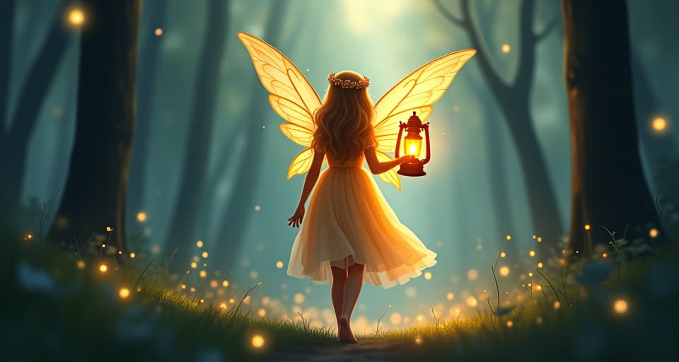  fairy princess with delicate wings, standing in a luminous forest, holding an ethereal lantern, atmosphere of reshaping priorities and focus. the style is digital art illustration,highly detailed, whimsical,magical, dreamlike atmosphere, realism and fantasy blend, smooth, glossy textures,luminous quality, wonder and enchantment.