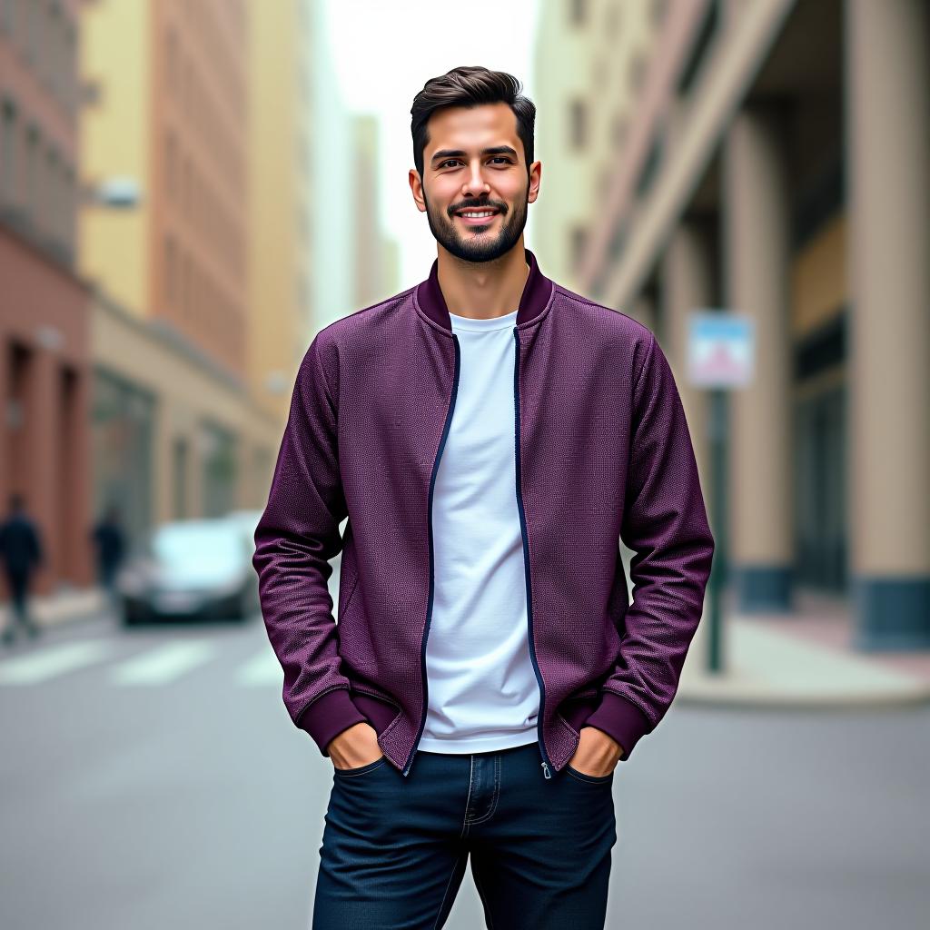  create a full body image of a man standing confidently in an outdoor urban setting, wearing a slim fit, long sleeve cotton jacket with a straight hem, featuring lightweight, smooth fabric in a printed design with red and blue colors.