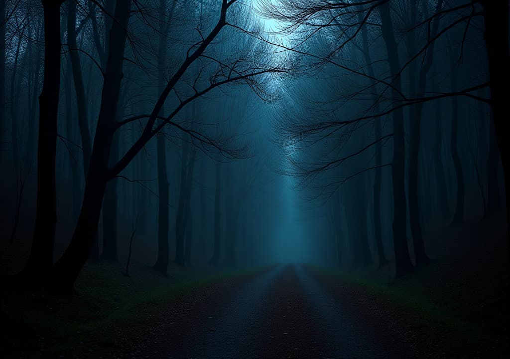  far away entrance of a forest at night