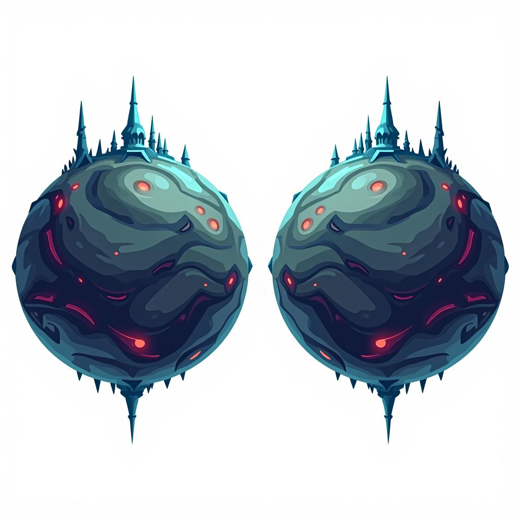  white background. left side: a simple vector graphic showing a hyper realistic alien planet's front view with mysterious structures and bioluminescent patches. right side: back view of the same planet, maintaining high detail and consistency. both views should depict the same materials and feature fantasy elements like glowing areas and unique architectural forms. cartoon and disney style. the views share the same object.