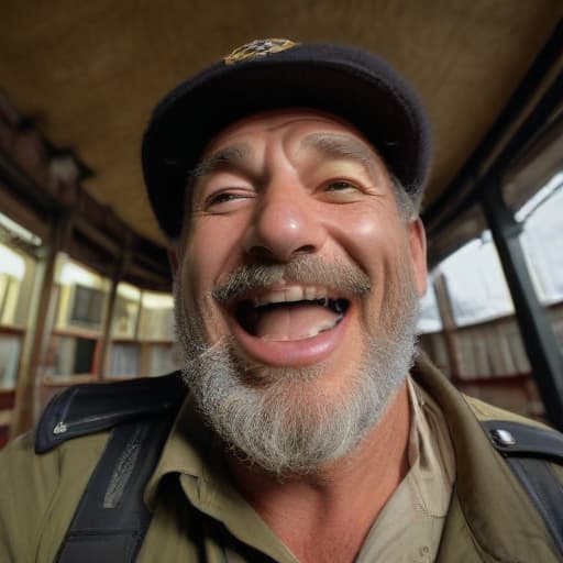 ground level wide angle view from the floor at the extremely detailed view of a "large cigar" in the huge well lit grinning mouth of an older dark-bearded plump male in a police uniform he is standing above looming over me and looking at me extreme photographic detail