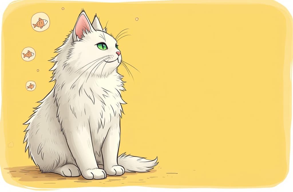  (photo) fluffy white cat , sitting on left side, (right side is empty for text), cartoon drawn circles with fishes inside circles flying around cat head, yellow pastel solid background ar 3:2 {prompt}, maximum details