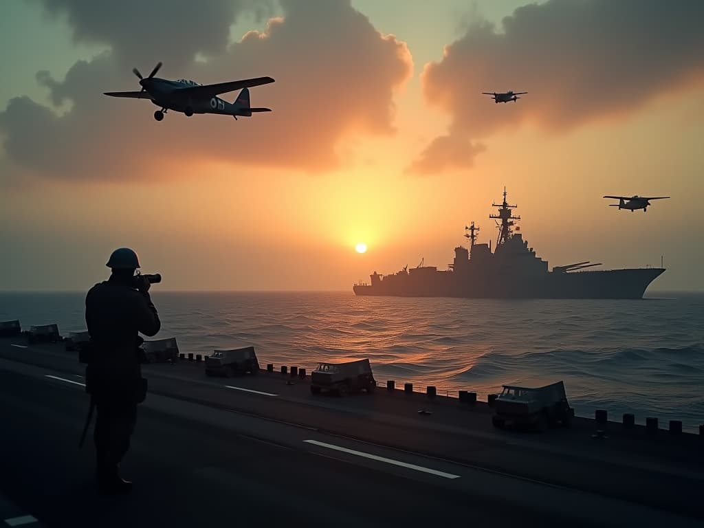  a dramatic scene depicting the preparations of the united states navy's fifth fleet on june 19, 1944, at dawn, with aircraft and ships ready for battle against the japanese fleet. hyperrealistic, full body, detailed clothing, highly detailed, cinematic lighting, stunningly beautiful, intricate, sharp focus, f/1. 8, 85mm, (centered image composition), (professionally color graded), ((bright soft diffused light)), volumetric fog, trending on instagram, trending on tumblr, HDR 4K, 8K