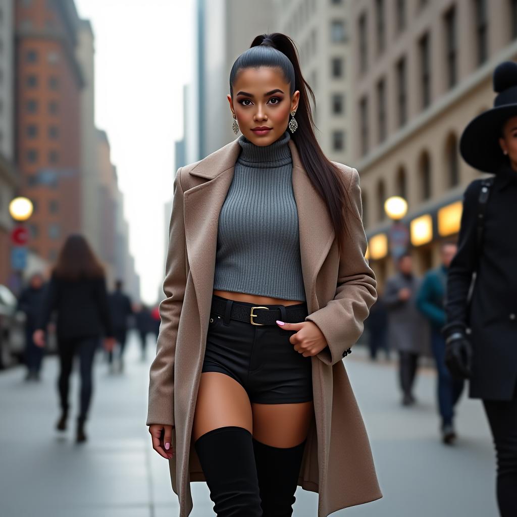  ariana grande in a city, wearing thigh high boots, detailed face, ponytail