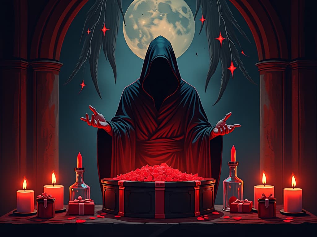  alluring gifts displayed on a dark altar, tempting atmosphere, hidden dangers. the style is digital art illustration / modern comic book / graphic dark novel fantasy and mysterious occult, symbolic, moody lighting, esoteric vibe,high detail on character design. for the color scheme emphasize blacks and reds.