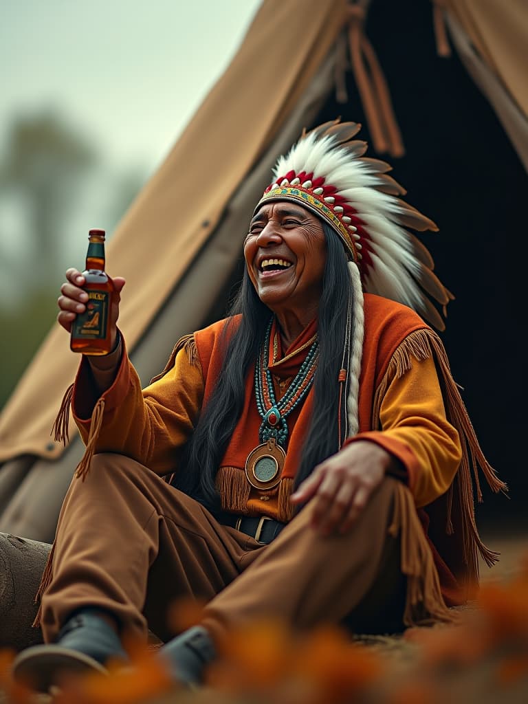  cinematic photo masterpiece,oil painting, old indian chief in ceremonial attire sitting by a tepee with a peace pipe and a bottle of whiskey and laughing merrily, text at the bottom in large letters "indian happiness", high detail, high resolution, detailed skin, detailed eyes, detailed background, deep sharpness, dynamic pose, hyperrealism, lots of small details, perfect composition and angle. . 35mm photograph, film, bokeh, professional, 4k, highly detailed hyperrealistic, full body, detailed clothing, highly detailed, cinematic lighting, stunningly beautiful, intricate, sharp focus, f/1. 8, 85mm, (centered image composition), (professionally color graded), ((bright soft diffused light)), volumetric fog, trending on instagram, trending on tumblr, HDR 4K, 8K