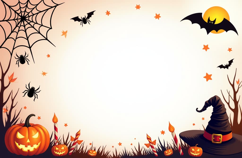  on the left is free space for text, on the right are black spiders, web, bats, pumpkin, witch hat, candy, candles, halloween holiday, red, orange, black and white background ar 3:2 {prompt}, maximum details