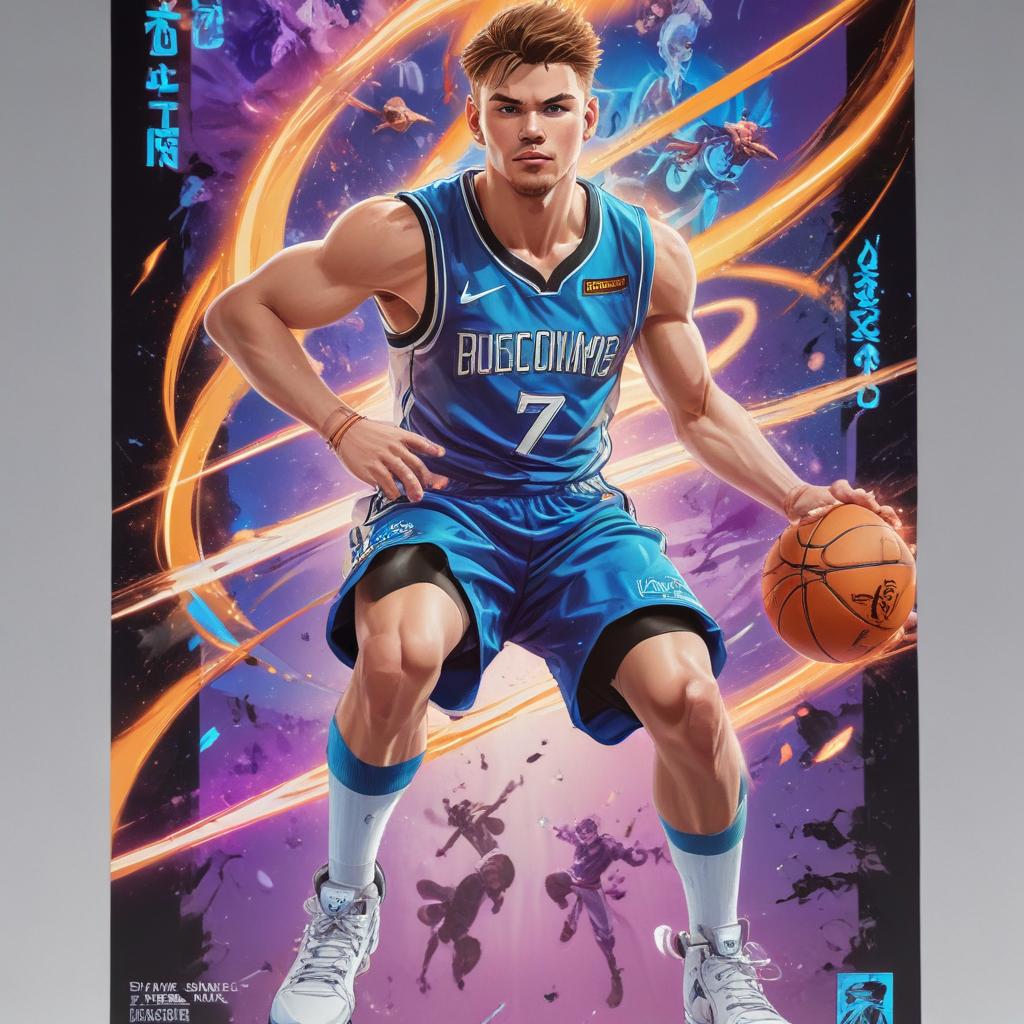 distance-shot, flashy, full-body, dynamic, holographic, animated cartoon poster of luka doncic in the style of dragon ball super