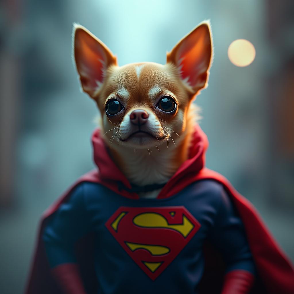  chihuahua as a super hero hyperrealistic, full body, detailed clothing, highly detailed, cinematic lighting, stunningly beautiful, intricate, sharp focus, f/1. 8, 85mm, (centered image composition), (professionally color graded), ((bright soft diffused light)), volumetric fog, trending on instagram, trending on tumblr, HDR 4K, 8K