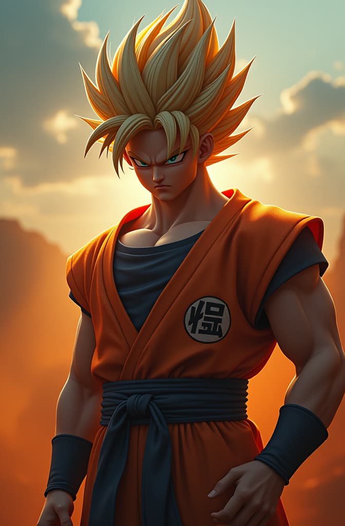  una imagen de goku af hyperrealistic, full body, detailed clothing, highly detailed, cinematic lighting, stunningly beautiful, intricate, sharp focus, f/1. 8, 85mm, (centered image composition), (professionally color graded), ((bright soft diffused light)), volumetric fog, trending on instagram, trending on tumblr, HDR 4K, 8K