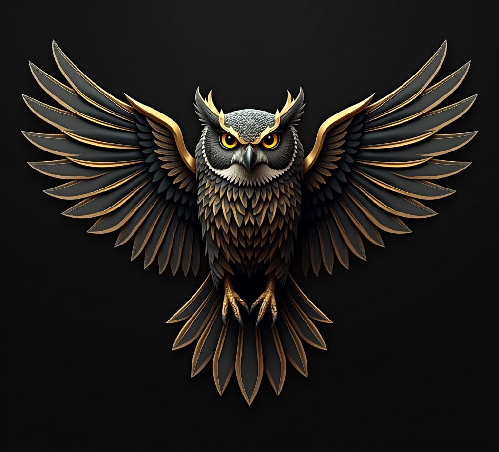  a black and gold owl with wings spread