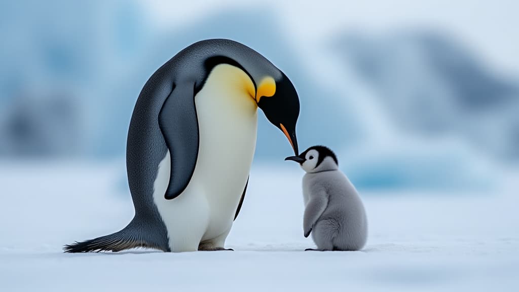  emperor penguin feeding chick in antarctica