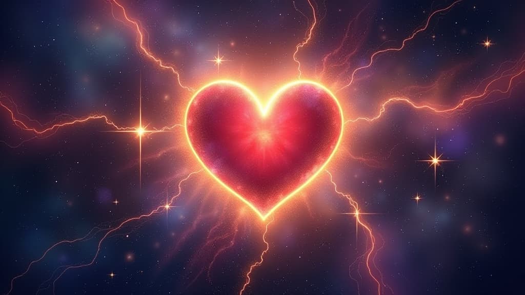  cosmic heart beating and shining through space and time, copy space, universal love, space for your text, spirituality and esoteric, illustration