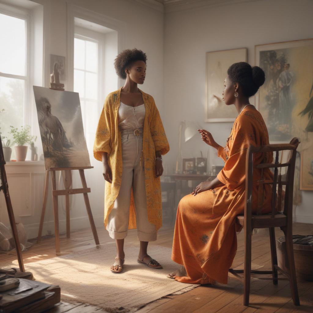 ((masterpiece)),(((best quality))), 8k, high detailed, ultra detailed, European woman and African woman painting together in a room, creative collaboration, art supplies scattered, colorful artwork displayed hyperrealistic, full body, detailed clothing, highly detailed, cinematic lighting, stunningly beautiful, intricate, sharp focus, f/1. 8, 85mm, (centered image composition), (professionally color graded), ((bright soft diffused light)), volumetric fog, trending on instagram, trending on tumblr, HDR 4K, 8K