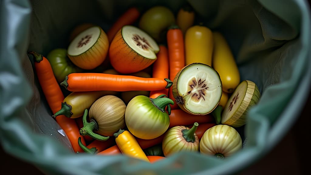  unused, rotten veggies are disposed of in the trash. food waste and food loss getting rid of food waste at home