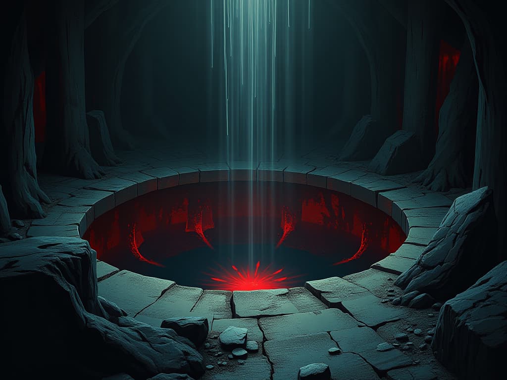  ancient, cursed well with scars on the outer surface, water emitting faint, haunting light, atmosphere of incurable wound. the style is digital art illustration / modern comic book / graphic dark novel fantasy and mysterious occult, symbolic, moody lighting, esoteric vibe,high detail on character design. for the color scheme emphasize blacks and reds.