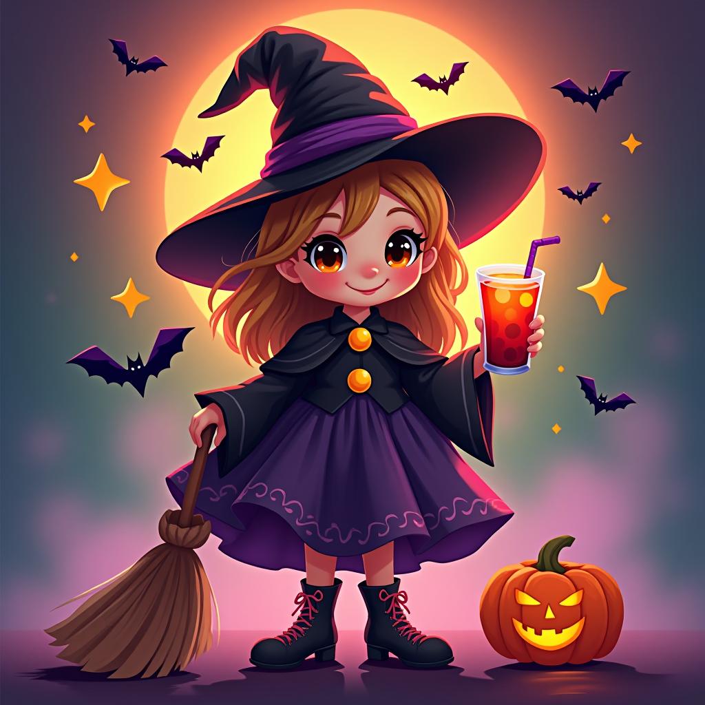  create a digital painting featuring a cute witch character. the witch should be wearing a hat. in one hand, the witch should hold a broomstick, and in the other hand, a halloween themed drink. the background should be colorful and include small black bats, pumpkins and stars to add a playful halloween touch. the overall style should be cute, whimsical, and colorful hyperrealistic, full body, detailed clothing, highly detailed, cinematic lighting, stunningly beautiful, intricate, sharp focus, f/1. 8, 85mm, (centered image composition), (professionally color graded), ((bright soft diffused light)), volumetric fog, trending on instagram, trending on tumblr, HDR 4K, 8K