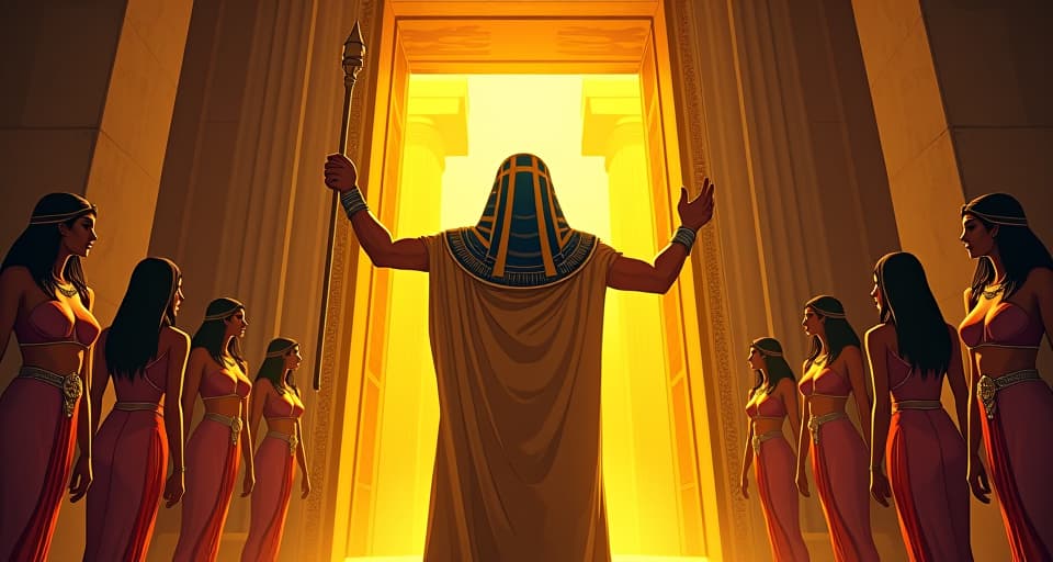  pharaoh raising his staff as doors of a grand temple open wide, large busted women in form fitting dresses around him, allure of new opportunities, golden light. the style is digital art illustration / modern comic book / mysterious occult, symbolic, esoteric vibe,high detail on character design, incorporating ancient egyptian symbology and attire.