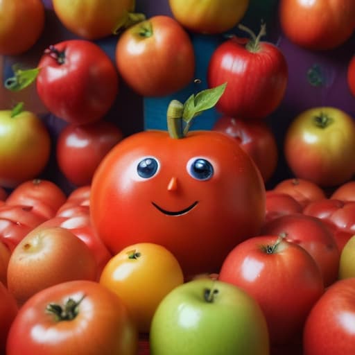 A mischievous tomato hiding among a cluster of abstract, colorful apples.