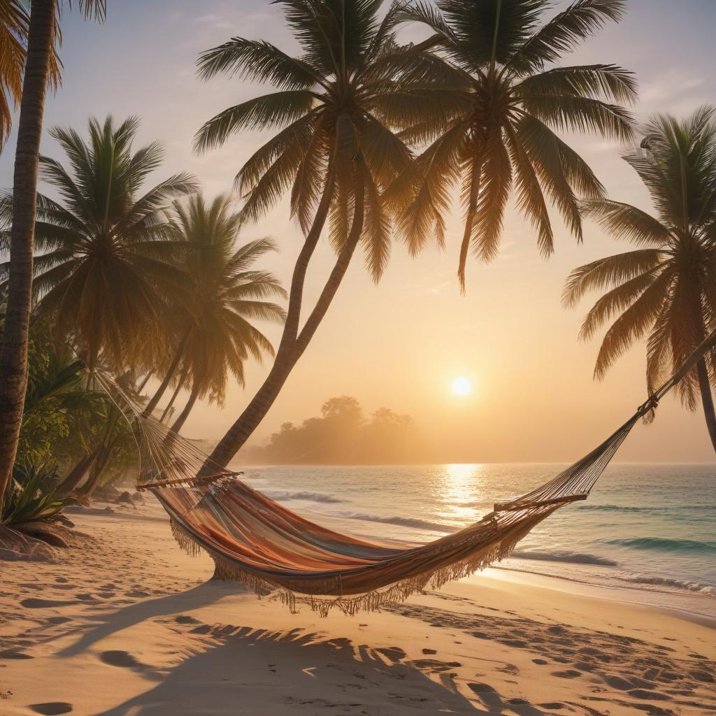 A serene beach with crystal-clear waters, golden sands, and a single hammock swaying gently between two palm trees. In the background, the sun sets with a warm glow, casting a peaceful ambiance perfect for a vacation escape.ultra-detailed, 4k hyperrealistic, full body, detailed clothing, highly detailed, cinematic lighting, stunningly beautiful, intricate, sharp focus, f/1. 8, 85mm, (centered image composition), (professionally color graded), ((bright soft diffused light)), volumetric fog, trending on instagram, trending on tumblr, HDR 4K, 8K