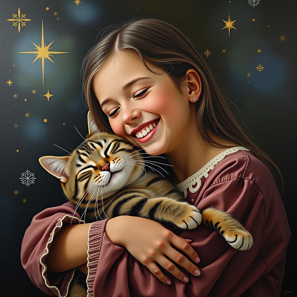  breathtaking masterpiece. painting, oil painting, laughing reiki girl hugging happy cat. intense close up. stars, dots and swirls pattern, (chaos:1.3). highly detailed strokes, clarity. fantasy style, surrealism. . award winning, professional, highly detailed hyperrealistic, full body, detailed clothing, highly detailed, cinematic lighting, stunningly beautiful, intricate, sharp focus, f/1. 8, 85mm, (centered image composition), (professionally color graded), ((bright soft diffused light)), volumetric fog, trending on instagram, trending on tumblr, HDR 4K, 8K