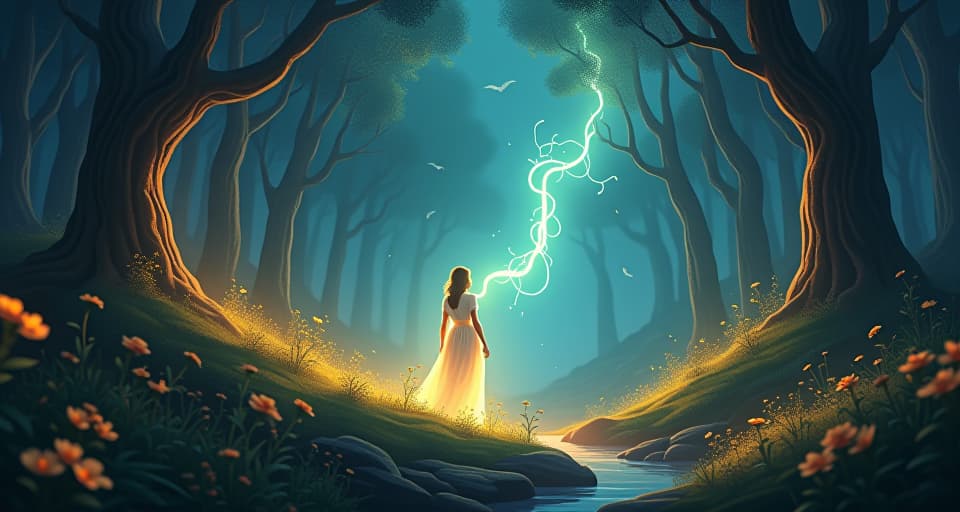  translucent being in a glowing forest, energy pulsing through the air, illuminated flora, magical atmosphere, strength growing. the style is digital art illustration,highly detailed, whimsical,magical, dreamlike atmosphere, realism and fantasy blend, smooth, glossy textures,luminous quality, wonder and enchantment.