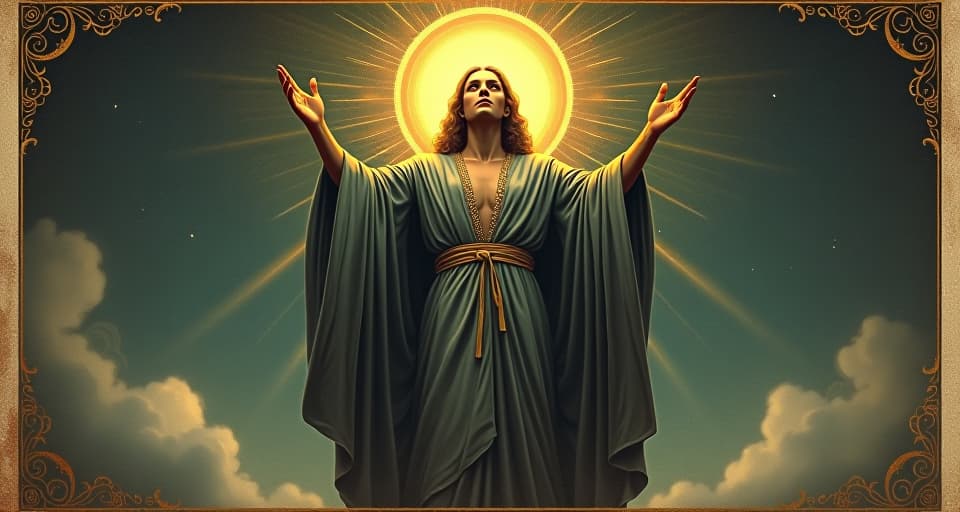  a majestic, divine figure robed in flowing garments, surrounded by celestial light, firm stance, hands raised towards the heavens, a symbol of divine power and grace. an illustration in the style of a worn, mystical old tarot trump card, mysterious and elements of surrealism. the colors are muted, somber and eerie, but with contrast bring out an occult and esoteric vibe.