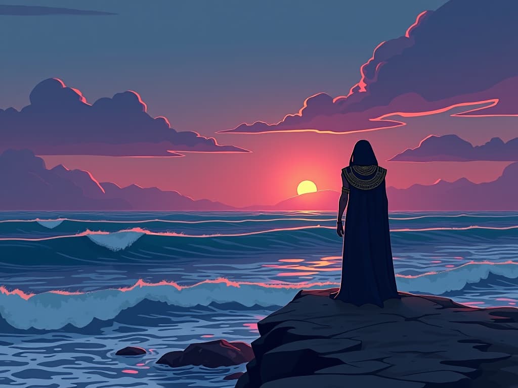  symbolic landscape with a lone figure standing at the edge of a vast ocean, waves gently crashing, sky painted in hues of twilight, whispering winds carrying secrets of the universe. the style is digital art illustration / modern comic book / mysterious occult, symbolic, esoteric vibe,high detail on character design, incorporating ancient egyptian symbology and attire.