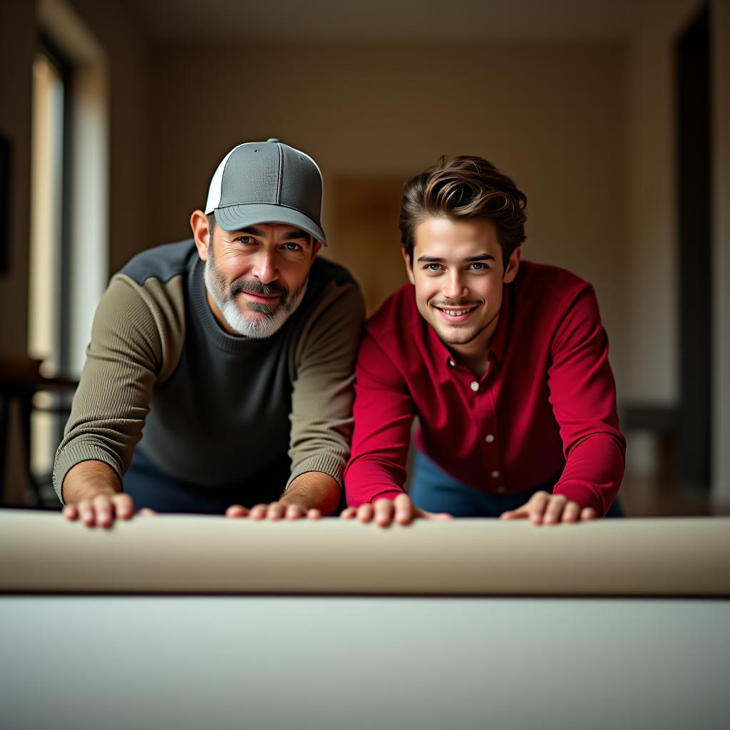  2 men a father and son unrolling carpet in a big house the father has a baseball cap on in his 50s with a beard with some grey in it and has blue eyes. the son has brown hair blue greenish eyes with a red shirt on, (logo), elegant, chic, stylish, sophisticated, high fashion, modern serif font, monochrome, simple, iconic