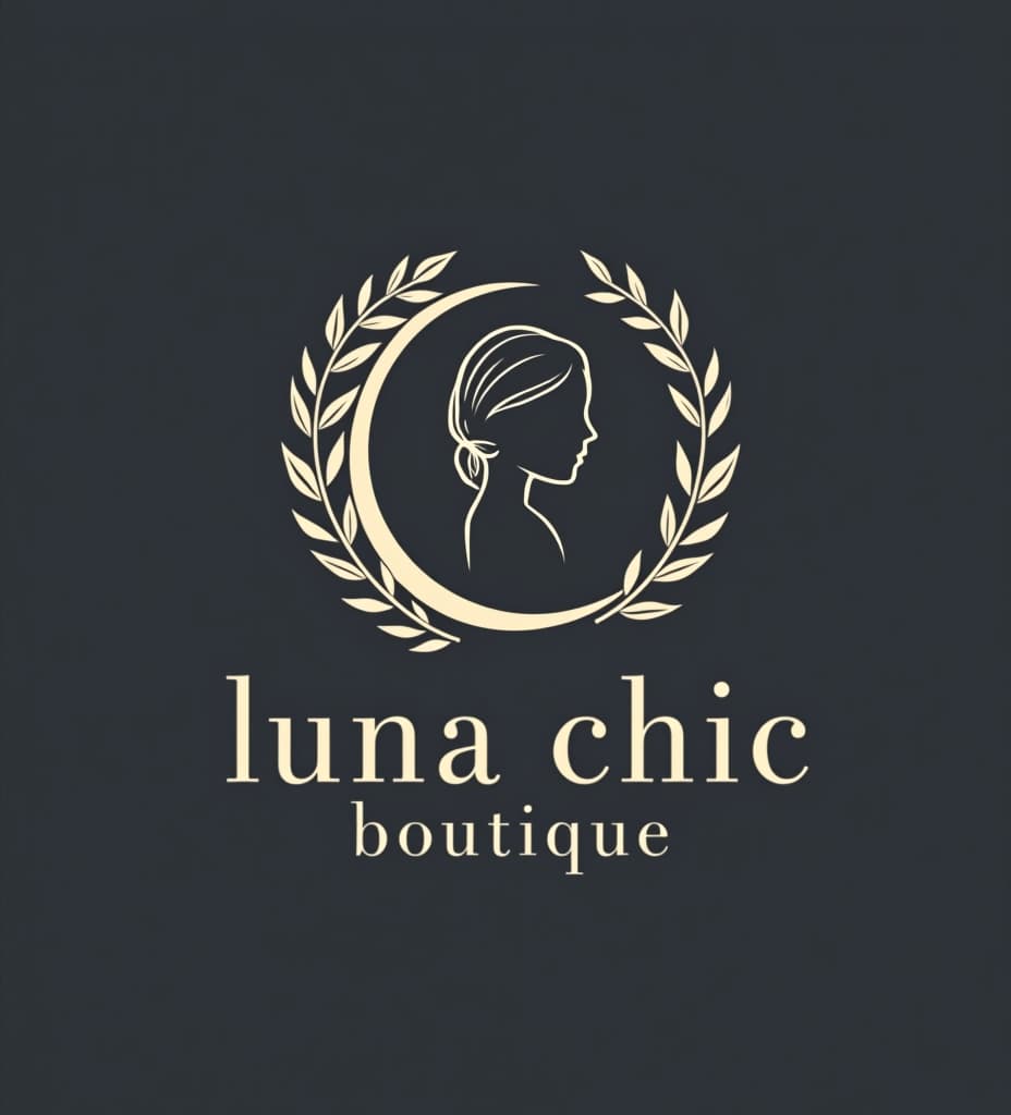  hacer un logo con el nombre luna chic boutique la imagen muestra el logo de una boutique llamada "luna chic boutique". en el centro del logo, hay una figura que parece una mujer dentro de una media luna. alrededor de la media luna hay un diseño de hojas que decoran el borde. abajo de este dibujo, se lee el nombre "luna chic" en letras grandes y elegantes, con la palabra "boutique" en letras más pequeñas justo debajo.