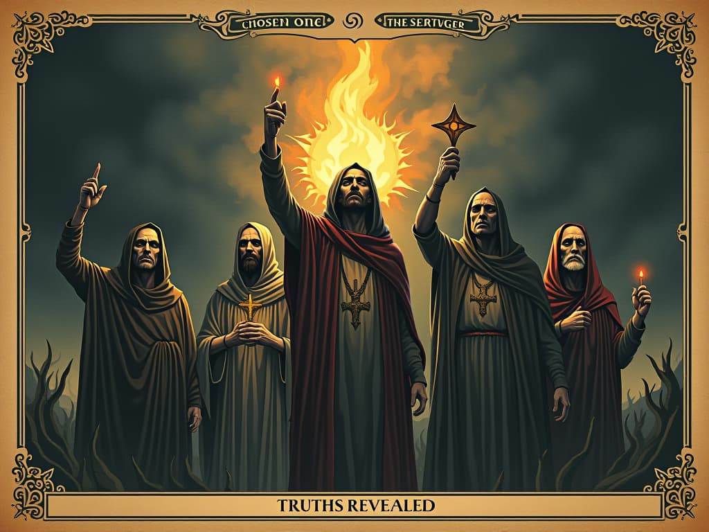  truths revealed, light breaking through darkness, diverse group of chosen ones, holding symbols of truth, determined expressions, atmosphere of revelation and determination. an illustration in the style of a worn, mystical old tarot trump card, mysterious and elements of surrealism. the colors are muted, somber and eerie, but with contrast bring out an occult and esoteric vibe.