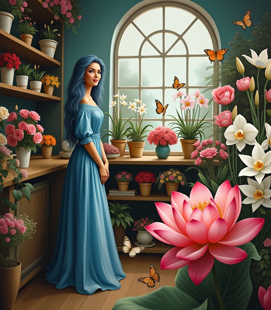  hyperrealistic art a masterpiece. (painting. oil painting. fantastic elfish flower store with an unusual counter, shelves with pots of flowers and a very beautiful window. on the background of the window, (a counter with a beautiful fairy saleswoman, smiling, in a blue long dress and long blue hair curly, selling fantastic flowers, incredibly beautiful flowers, looking at the camera:1.5). intense close up. in the foreground, in a vase is a pink lotus flower, everywhere orchids, roses and lilies white, butterflies flying:1.5) style surrealism, fantasy. salvador doli style. . extremely high resolution details, photographic, realism pushed to extreme, fine texture, incredibly lifelike