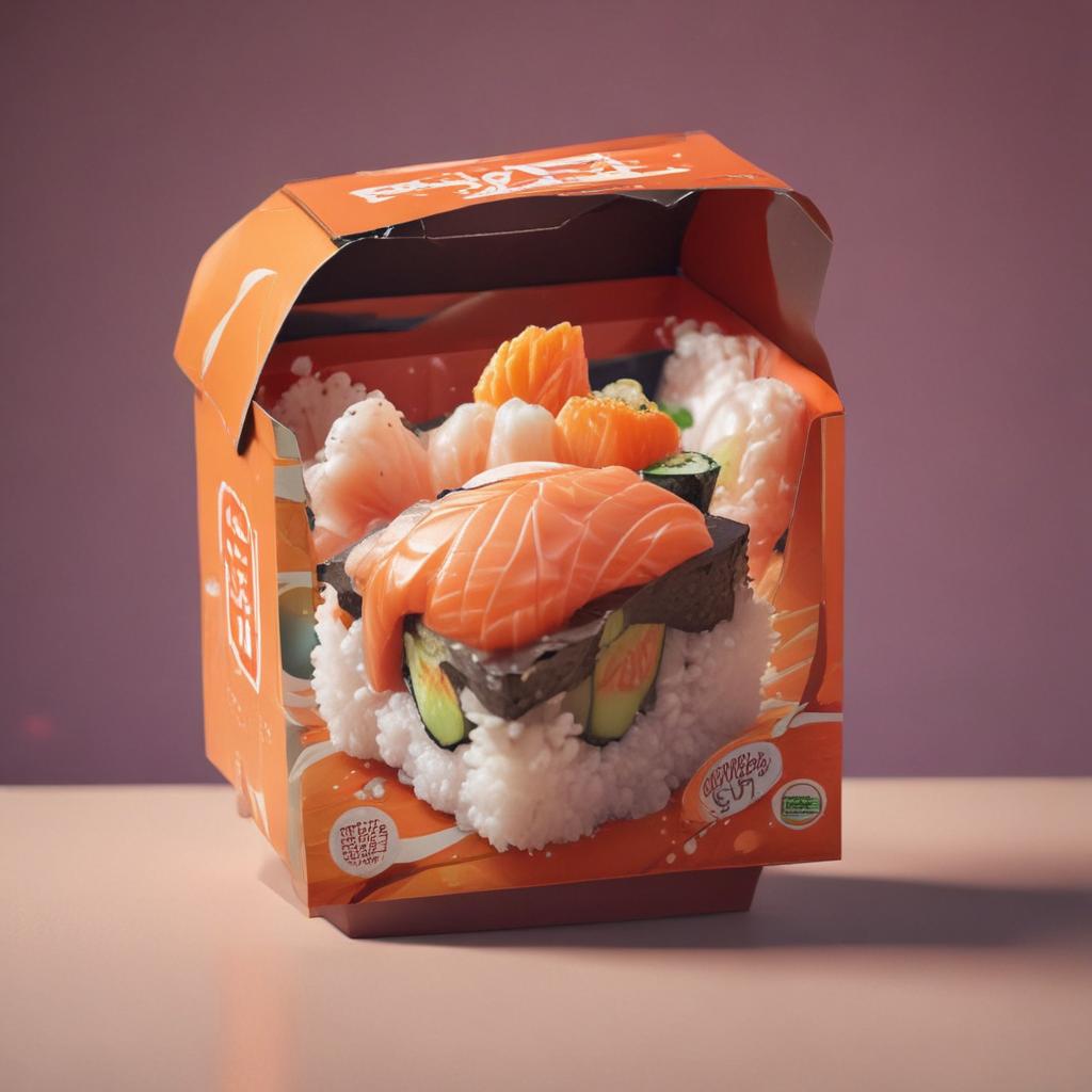 distance-shot, flashy, full-body, dynamic, holographic, animated cartoon poster of a take-out box of sushi in the style of dragon ball super