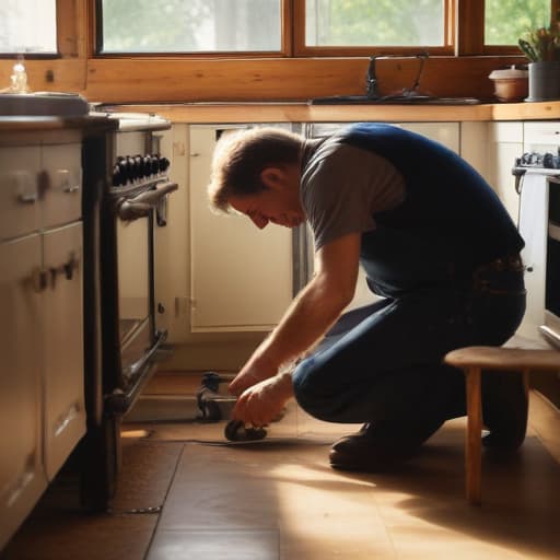 A photo of a skilled artisan meticulously aligning gas pipes for a new stove installation in a cozy, rustic kitchen during the soft glow of early morning light filtering through a large window, casting gentle shadows on the floor.