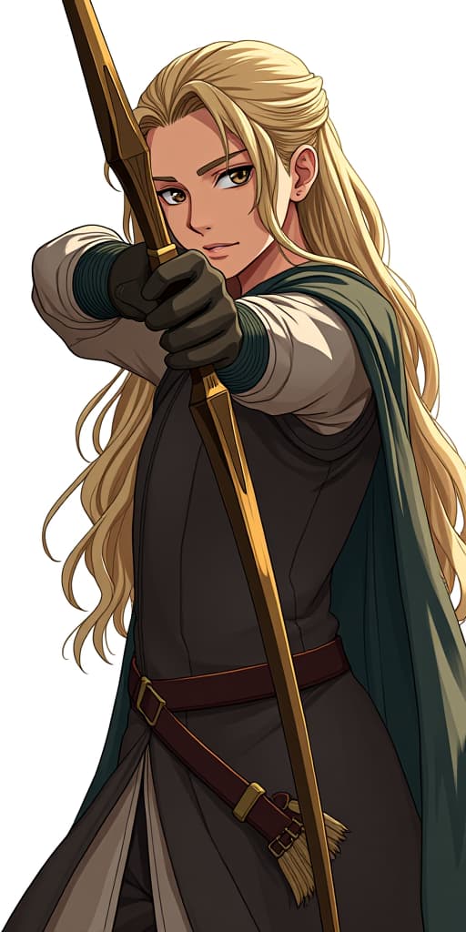  2d anime of legolas arwen gimli the lord of the rings, lord of the rings, film, bow and arrow, white backround,