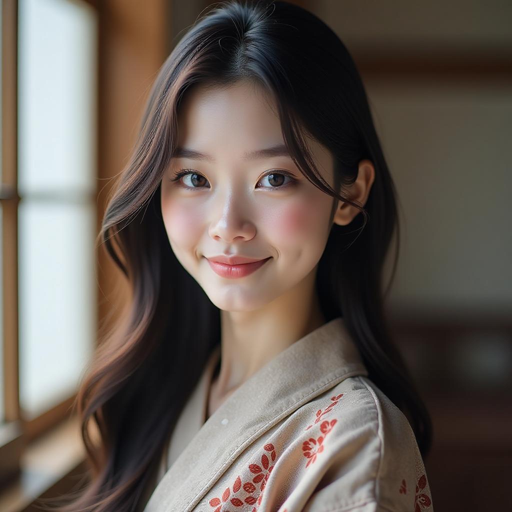  real photo, japanese female with a long hair and sweet smile, small eyes, small nose, high quality, high details, hd, perfect composition, 4k epic detailed, highly detailed, sharp focus, high resolution