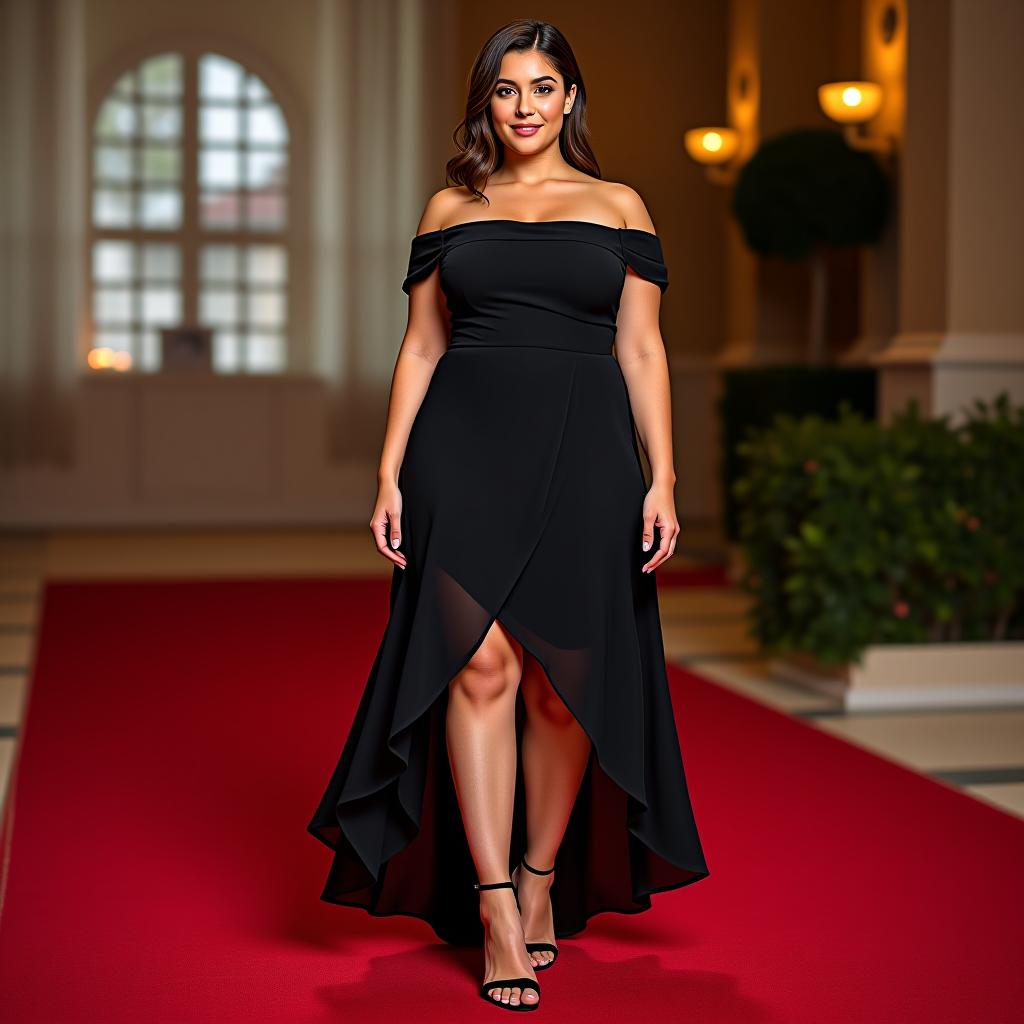  create an image of a full body woman in a slim fit, sleeveless, off shoulder mini cocktail dress with a curved hem, made from lightweight, smooth chiffon fabric in solid black (rgb: 0, 0, 0), striking a confident pose on a red carpet.