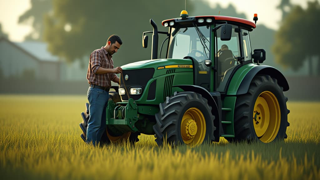  male farmer repairing tractor ar 3:2 ar 16:9 {prompt}, maximum details