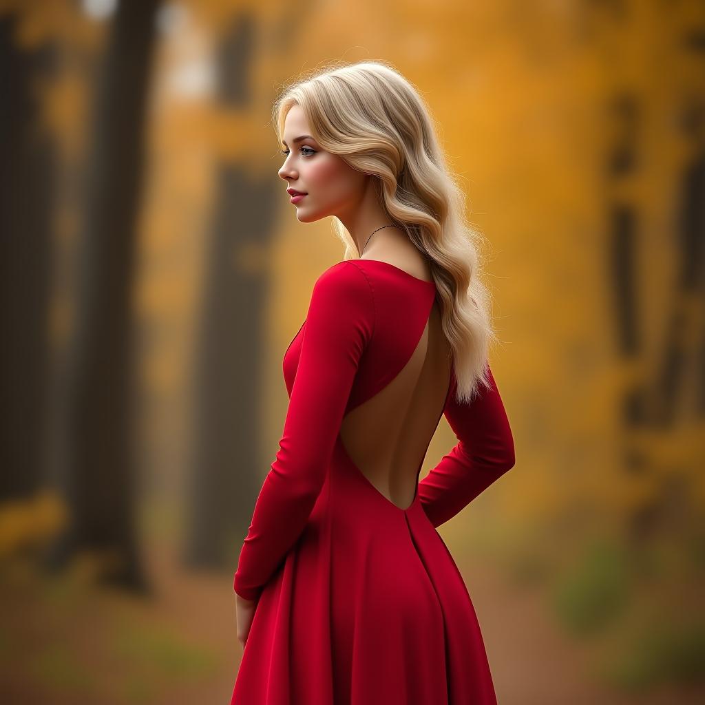  a blonde girl in a red long dress with long sleeves and an open back stands in profile against the backdrop of an autumn forest, posing beautifully and femininely.