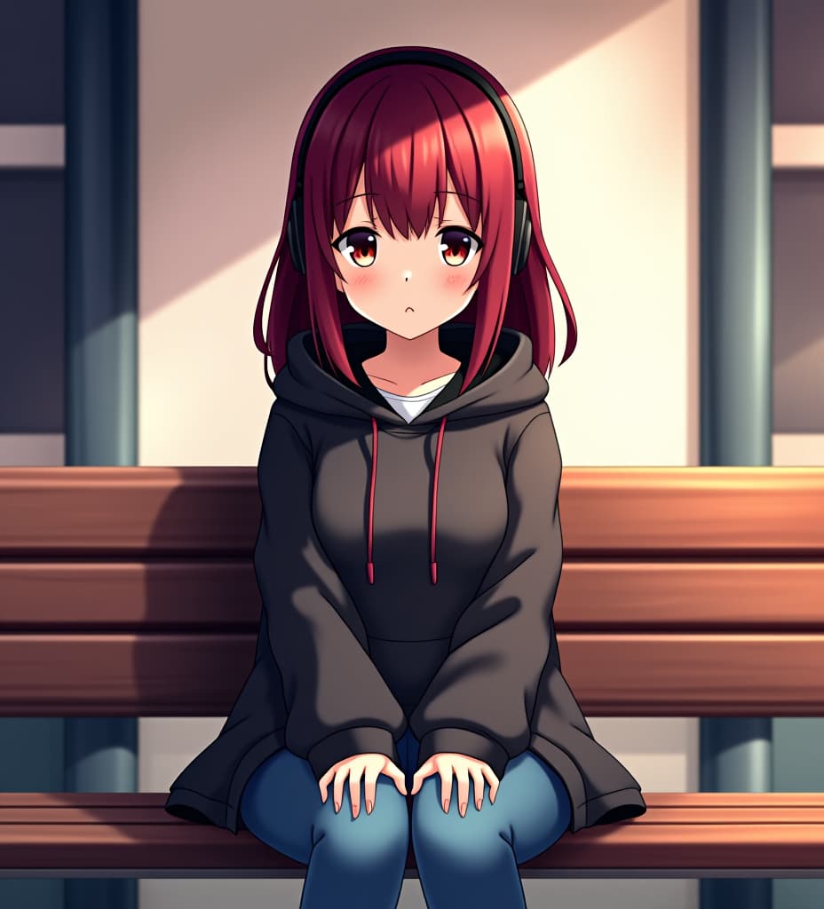  anime, anime image, one girl, dark red hair, a square, brown eyes, a topic with a hood, cutting jeans, headphones, a girl sits on a bench under a cut.