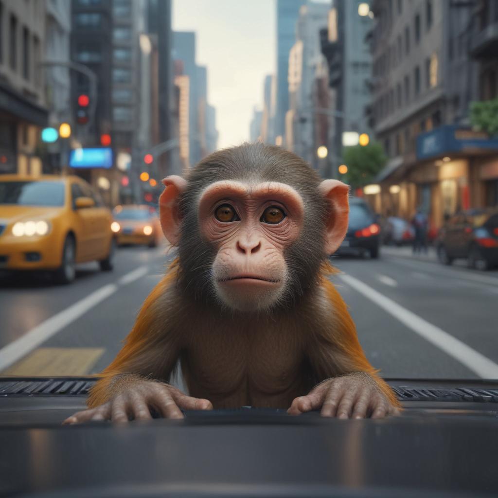 ((masterpiece)),(((best quality))), 8k, high detailed, ultra detailed,A comical scene of a monkey behind the wheel of a car, traffic lights, pedestrians crossing the street, tall buildings hyperrealistic, full body, detailed clothing, highly detailed, cinematic lighting, stunningly beautiful, intricate, sharp focus, f/1. 8, 85mm, (centered image composition), (professionally color graded), ((bright soft diffused light)), volumetric fog, trending on instagram, trending on tumblr, HDR 4K, 8K